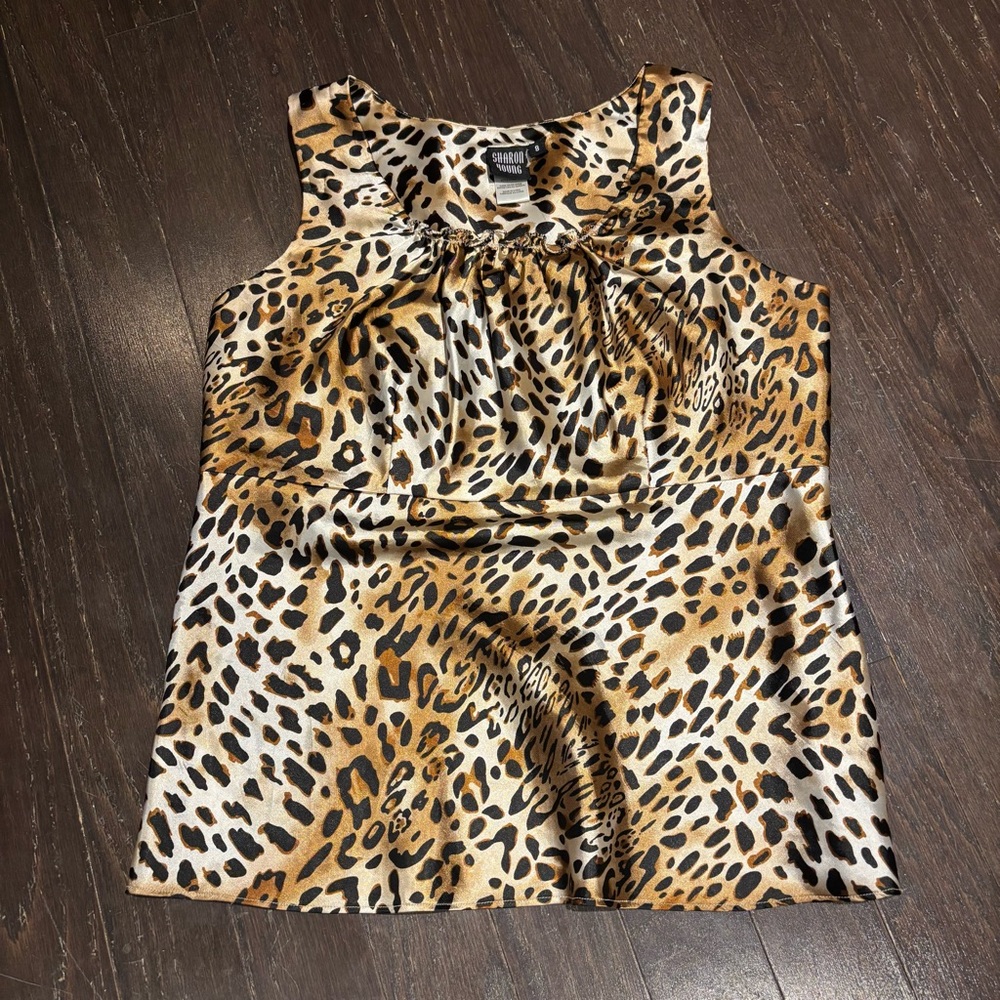 Sharon Young Leopard Print Satin Tank Top - Black, Gold & Cream
